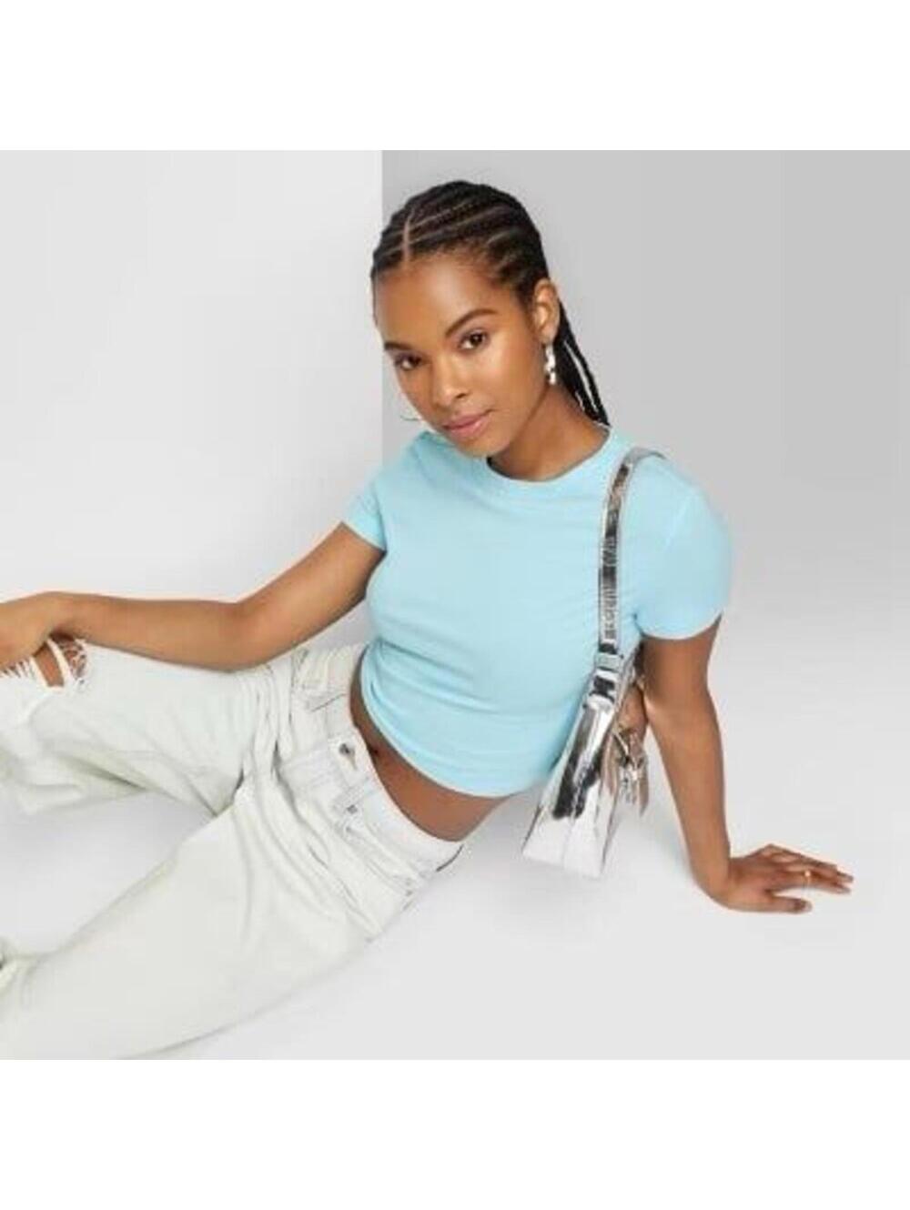 Wild Fable Cropped Tee XL Aqua Blue Short Sleeve NWT